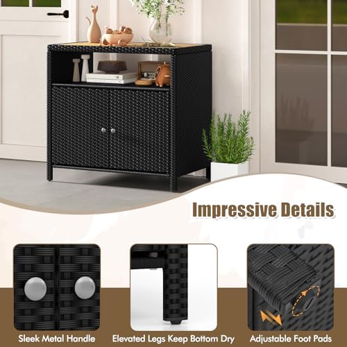 Rattan Storage Cabinet, Outdoor & Indoor Sideboards with Acacia Wood Coun...