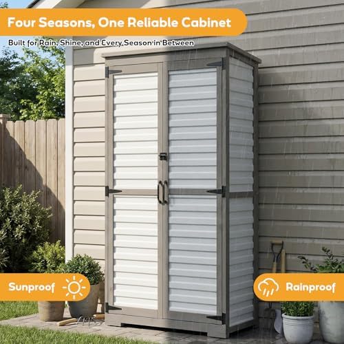 Outdoor Storage Cabinet, Wood & Plastic Garden Shed with Adjustable Shelves