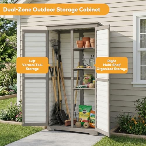 Outdoor Storage Cabinet, Wood & Plastic Garden Shed with Adjustable Shelves