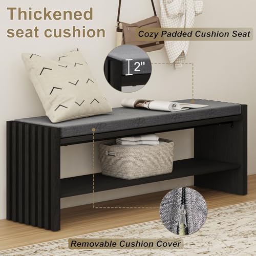 BON AUGURE Entryway Shoe Bench with Storage & Cushion for Mudroom, Black