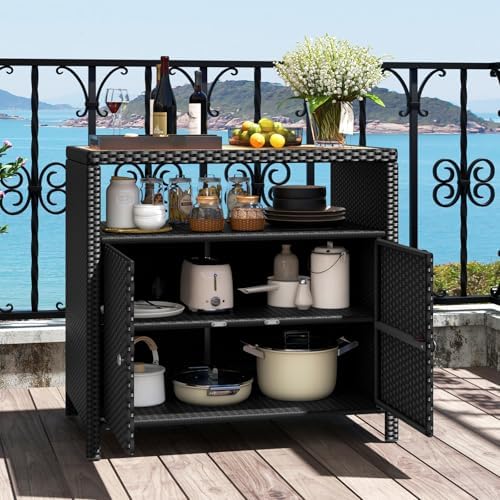 Rattan Storage Cabinet, Outdoor & Indoor Sideboards with Acacia Wood Coun...