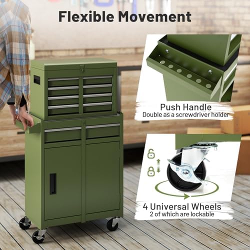 IRONMAX 2-in-1 Detachable Rolling Metal Tool Chest, 5 Drawers, Olive Green
