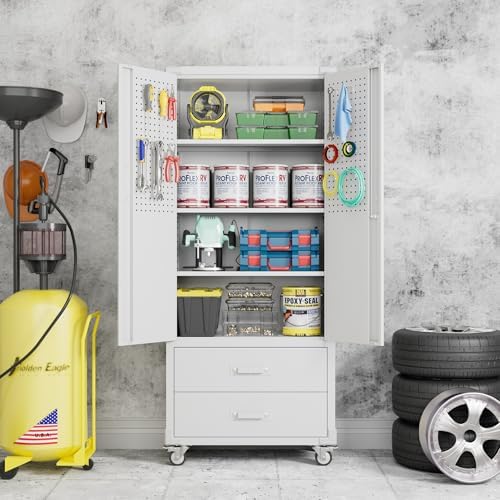 Metal Garage Storage Cabinet with Wheels, 2 Drawers and Pegboard, White