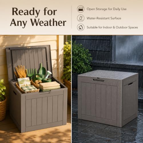 Outdoor Storage Box Resin Deck Box Waterproof Gray Brown 36 Gallon
