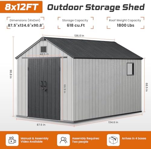 Jocoevol Heavy Duty Storage Shed, 8x12FT Resin Outdoor Shed for Backyard