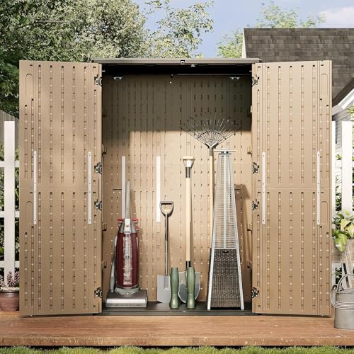 Aoxun Outdoor Storage Shed, 64 Cu.Ft Vertical Storage Sheds, Brown