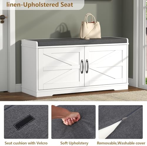 Loomie Shoe Storage Bench, 2-Tier Farmhouse Entryway Bench with Padded Seat C...