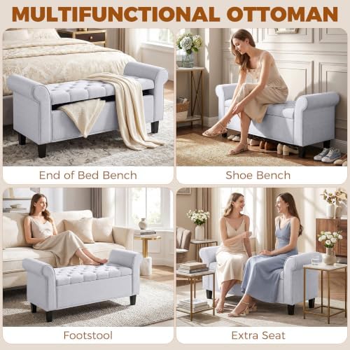 HOMCOM 47" Storage Ottoman End of Bed Bench with Rolled Arms Light Gray
