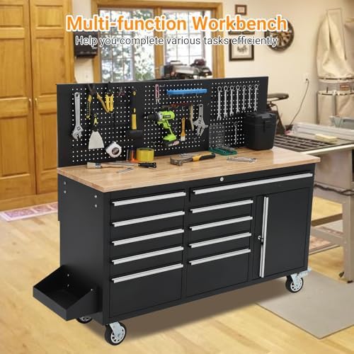 IDEALHOUSE 61-inch Rolling Tool Chest, 10 Drawers Garage Workbench Storage To...