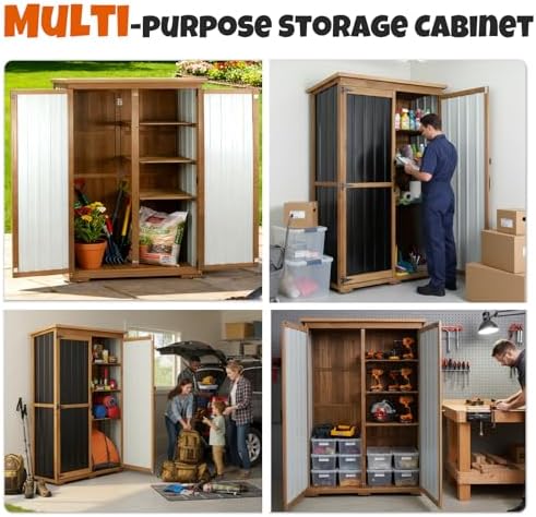 Outdoor Storage Cabinet with Shelves, Wood & Metal Storage Shed with Weat...