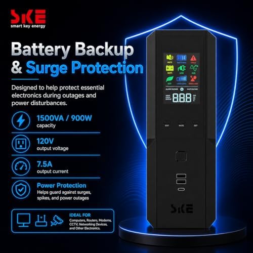 SKE 1500VA/900W Small UPS Battery Backup & Surge Protector