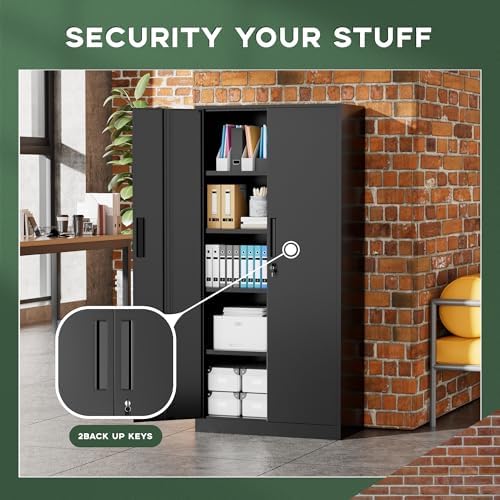 Greenvelly Metal Cabinet, 72” Black Tool Steel Locking Cabinet with Doors and...