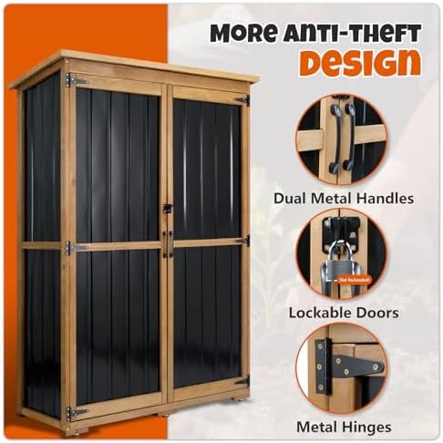 Outdoor Storage Cabinet with Shelves, Wood & Metal Storage Shed with Weat...