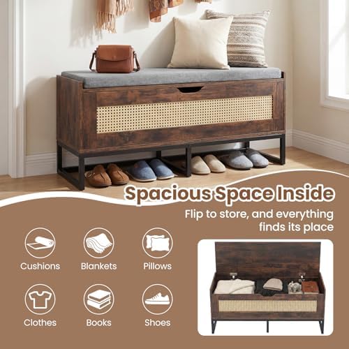 GIANTEX Rattan Shoe Bench, Flip-Top Entryway Bench with Removable Padded Seat...