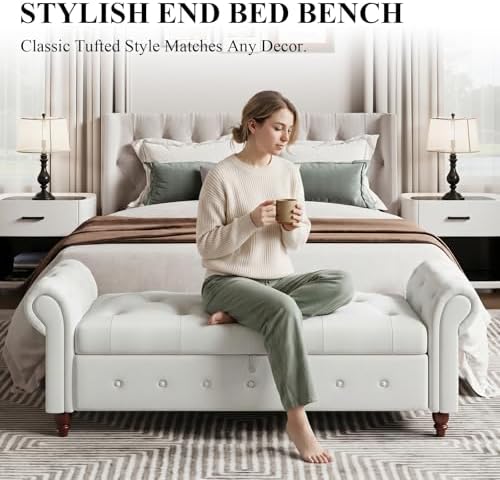 NIOIIKIT 63'' Storage Ottoman Bench, Tufted Entryway Bench White Poly...