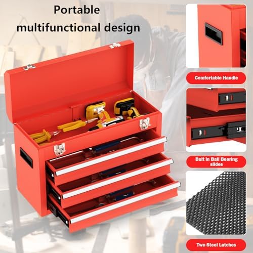 3 Drawer Metal Tool Box, Portable Metal Tool Box with EVC Liners and Latches ...