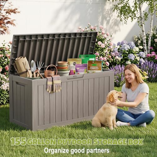 DRATO 155 Gallon Deck Box Waterproof Outdoor Storage Box with Wheels, Grey