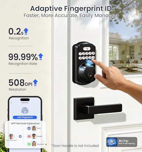 Veise VE012W WiFi Fingerprint Smart Lock for Front Door, Matte Black