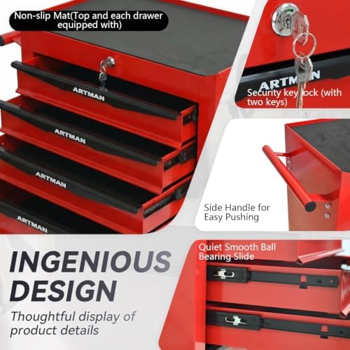 Heavy Duty 6-Drawer Rolling Tool Chest, Key Lock Tool Storage Cabinet with Lo...