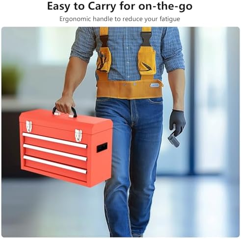 3 Drawer Metal Tool Box, Portable Metal Tool Box with EVC Liners and Latches ...
