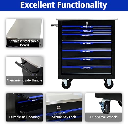 RYH 7 Drawers Rolling Tool Chest (Black-Blue, 7-Drawers 30.7" H×25.9&quo...