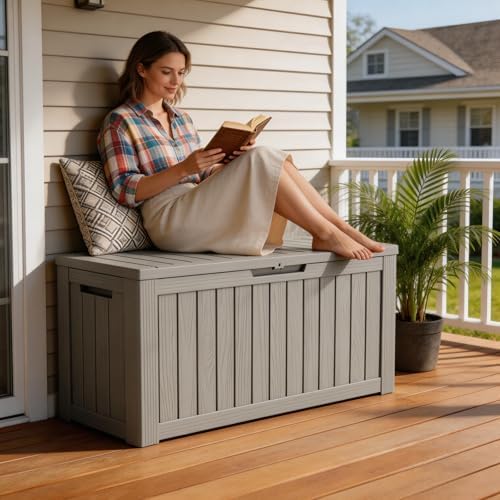 Mars Villa 80 Gallon Deck Box, Outdoor Storage Box, Outside Bin, Grey