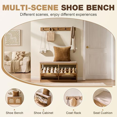 Rattan Narrow Entryway Bench with Shoe Storage, 2 Flip Drawers & Coat Rac...