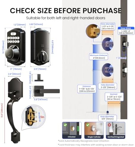 Veise VE012W-H Wi-Fi Smart Front Door Lock Set with Handle, Matte Black