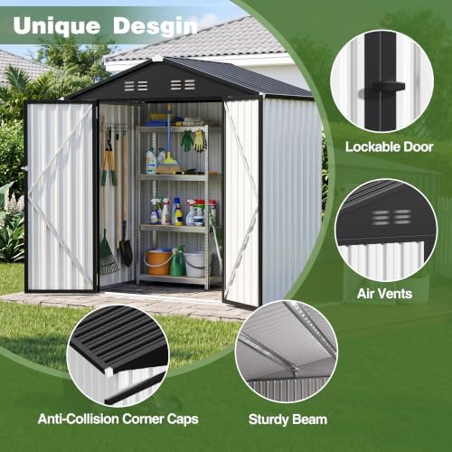 6 x 4 FT Outdoor Storage Shed, Waterproof Metal Garden Tool Shed with Gable S...