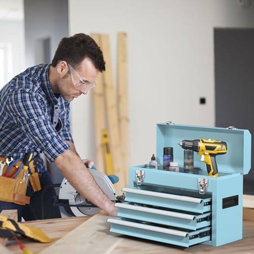 Portable Metal Tool Box – 3 Drawers Lockable Mini Toolbox, Heavy-Duty Tool Ch...
