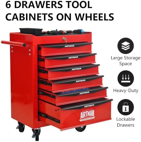 Heavy Duty 6-Drawer Rolling Tool Chest, Key Lock Tool Storage Cabinet with Lo...