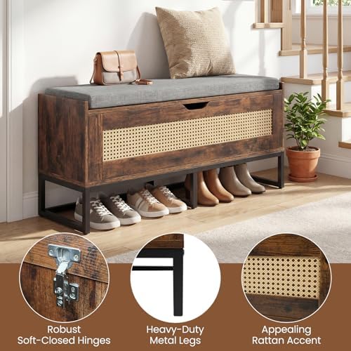 GIANTEX Rattan Shoe Bench, Flip-Top Entryway Bench with Removable Padded Seat...