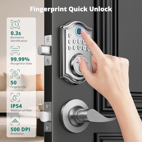 AkaGear Fingerprint Keyless Entry Door Lock with Lever Handle Set, Nickel