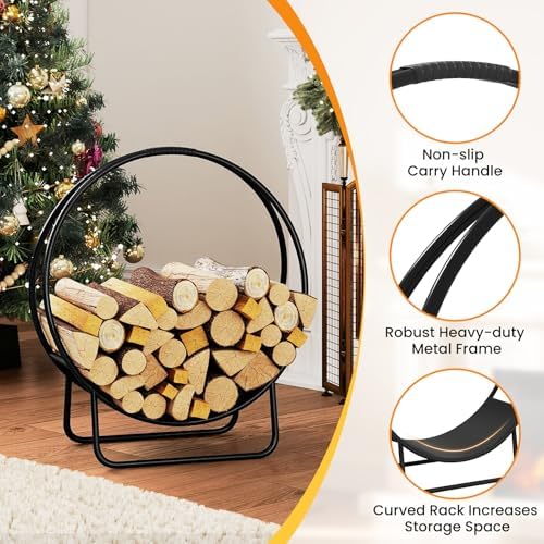 Goplus Firewood Log Hoop, 20" Round Heavy-duty Metal Curved Log Rack wit...