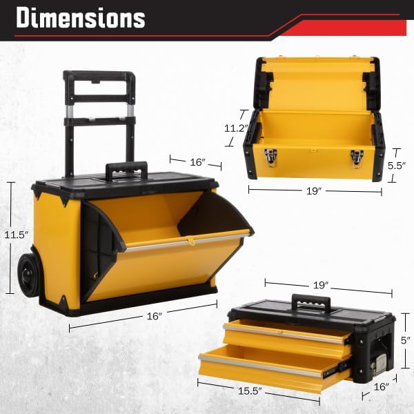 Stalwart Stackable Rolling Tool Box with Wheels, Yellow, 19.1 x 11.2 x 32in