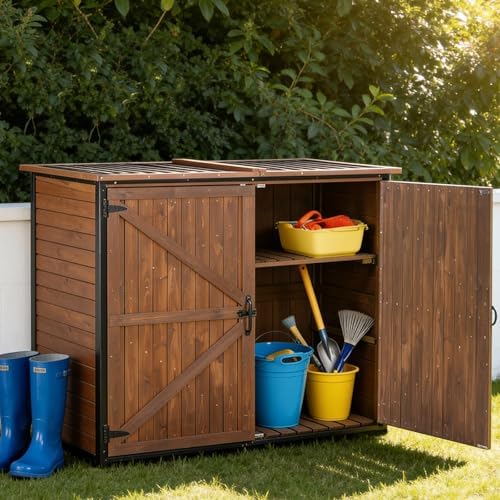 Gutinneen Outdoor Storage Shed Cabinet with Strong Iron Frame Large Wooden Ga...