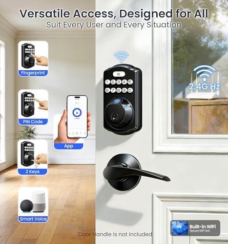 Veise VE012W WiFi Fingerprint Smart Lock for Front Door, Matte Black