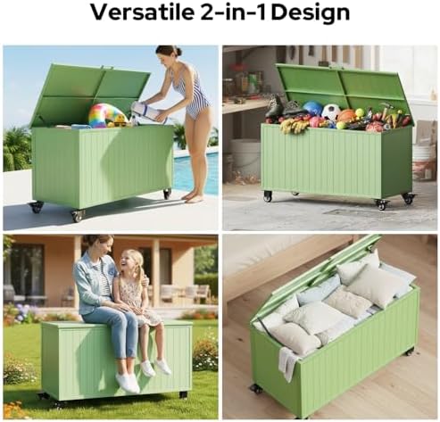 150 Gallon Outdoor Storage Box with Wheels, Metal Deck Boxes,Green