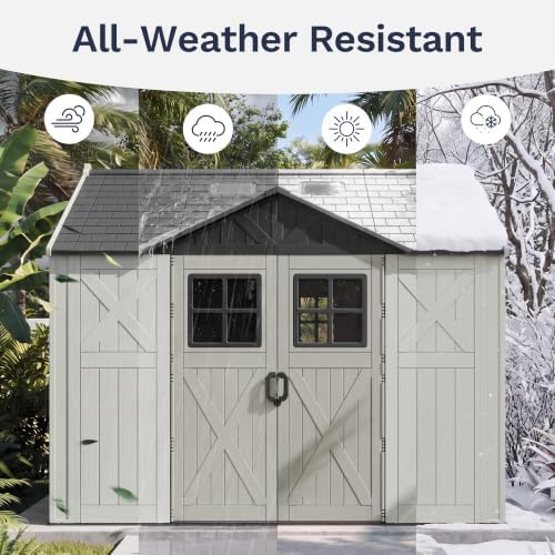 Greesum 10x10FT Resin Outdoor Storage Shed with Three-Sided Doors, Beige