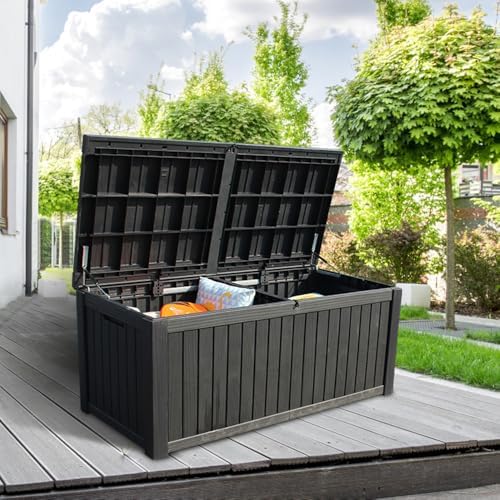 BTEXPERT 150 Gallon Large Resin Deck Box, Outdoor Storage Container with Meta...