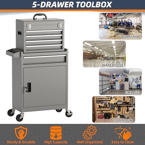 5-Drawer High Capacity Rolling Tool Box, Removable Cabinet Storage Tool Chest...