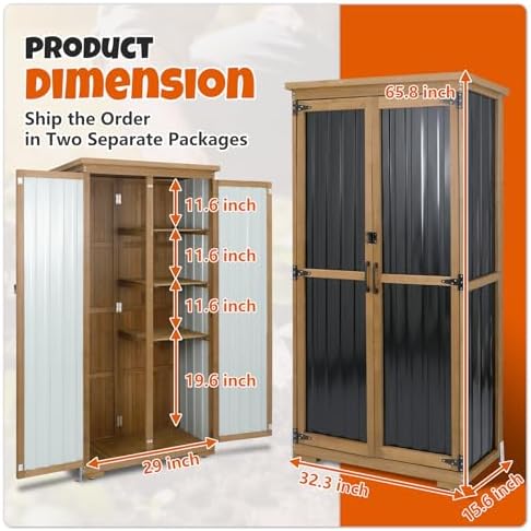 Outdoor Storage Cabinet with Shelves, Wood & Metal Storage Shed with Weat...
