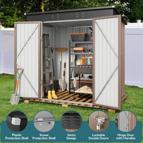 Gizoon 6x4 FT Outdoor Shed, Metal Garden Shed Lockable Doors, Brown