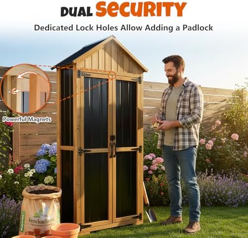 Outdoor Storage Cabinet with Shelves, Wood & Metal Storage Shed with Weat...