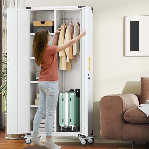 71" Tall Broom Closet Storage Cabinet with Hanging Rod for Cleaning Supp...