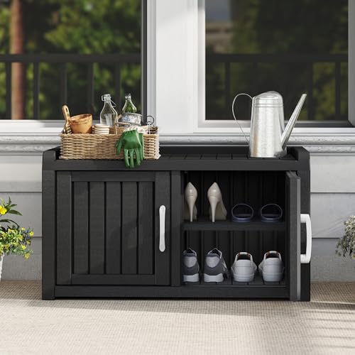 2-Tier Storage Bench, Waterproof UV-Resistant Outdoor Shoe Storage Cabinet wi...