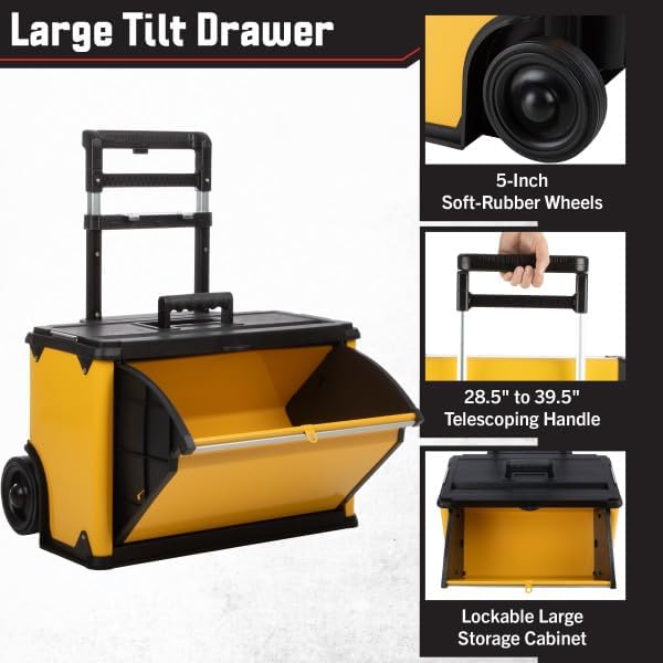 Stalwart Stackable Rolling Tool Box with Wheels, Yellow, 19.1 x 11.2 x 32in