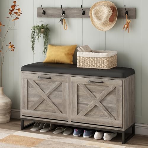 Maupvit Shoe Cabinet with 2 Flip Drawers & Coat Rack, Shoe Storage Bench ...