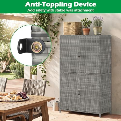 Tangkula Rattan Outdoor Storage Cabinet, Patiojoy Outdoor Cabinet with 2 Adju...