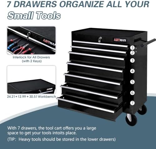7 Drawers Rolling Tool Chest on Wheels, Multifunctional Tool Cart Tool Storag...